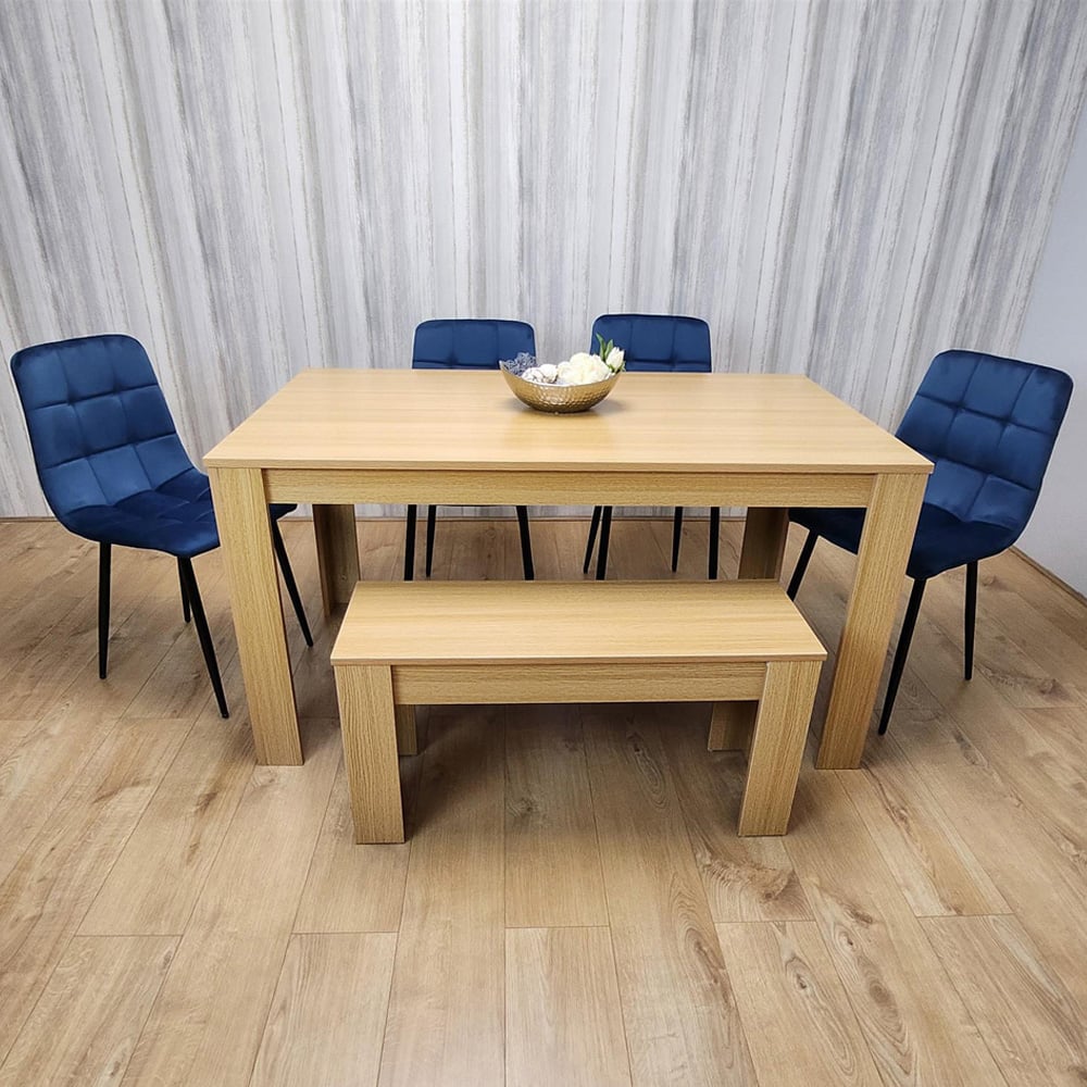 Portland 6 Seater Velvet Dining Bench Set Oak Effect and Blue Image 1