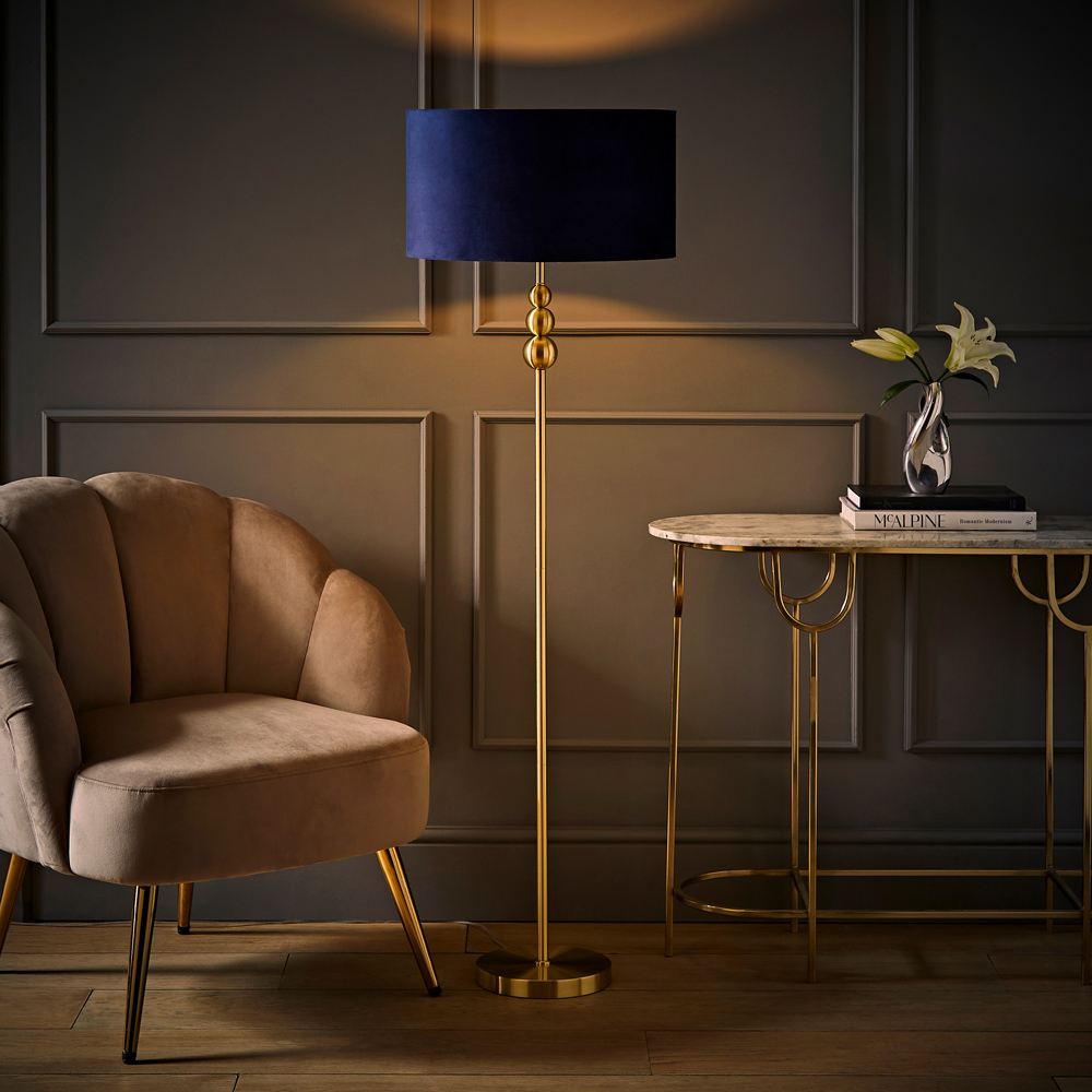 ValueLights Marissa Reni Navy Blue Velvet Shade and Gold Ball LED Floor Lamp Image 6