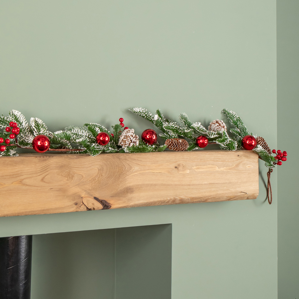 Samuel Alexander Frosted Pinecone Garland with Red Berries and Baubles 190cm Image 5