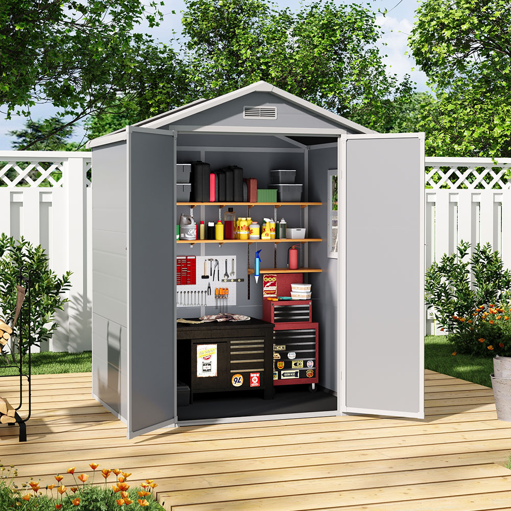 H&O Direct 6 x 4.4ft Grey and Black Plastic Open Gable Roof Tool Storage Shed Image 2