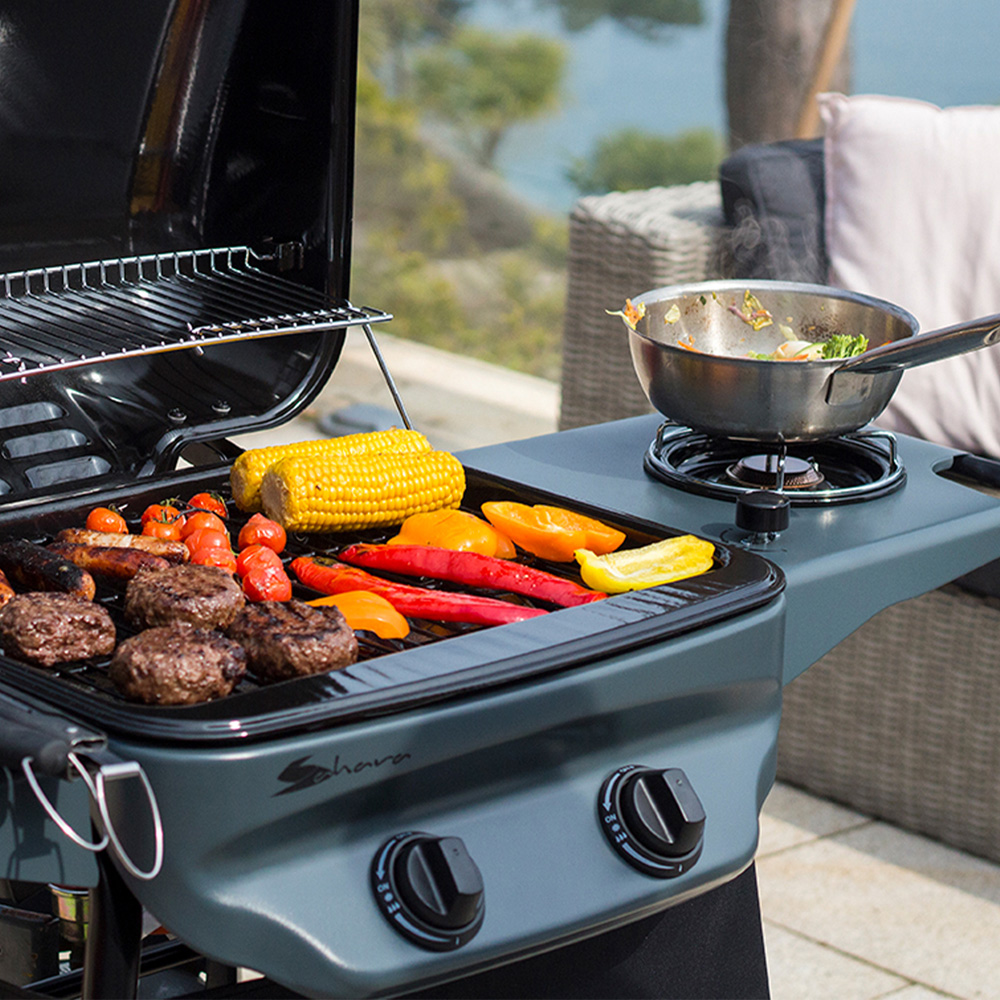 Sahara Black and Teal Rapid Assembly 2 Burner Gas BBQ with Side Burner Image 4