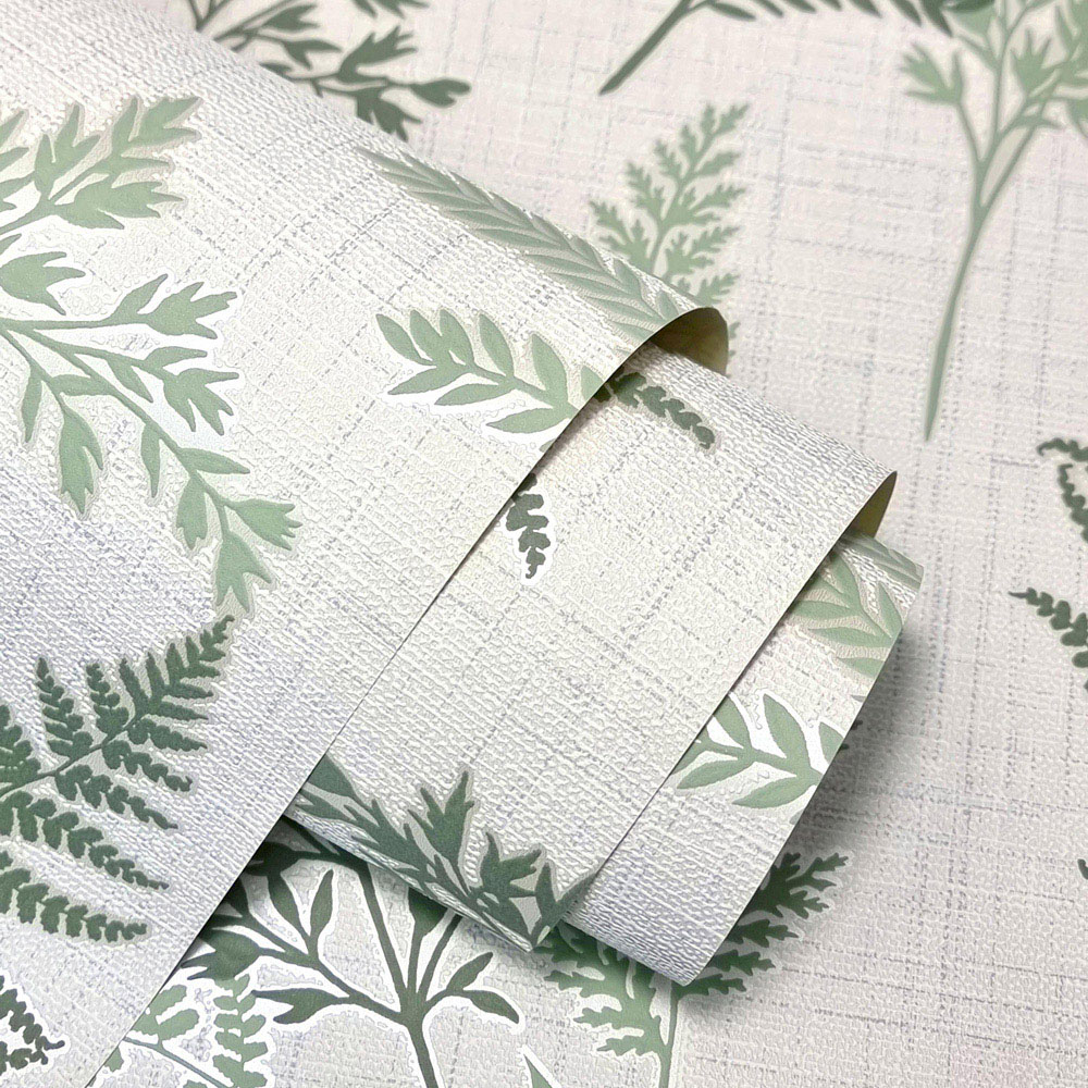 Fine Décor Fern Textured Linen Fabric Effect Green Wallpaper Image 2
