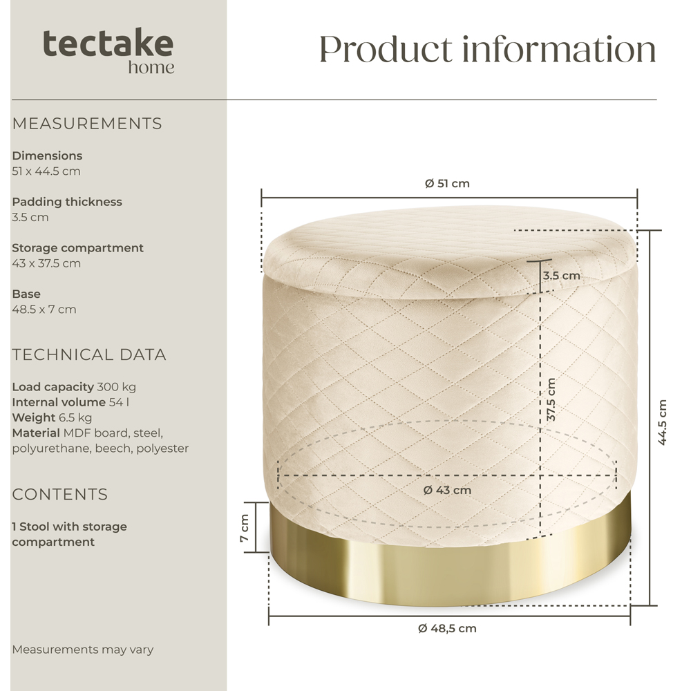 tectake Coco Cream Velvet Look Quilted Padded Round Stool with Storage Image 9