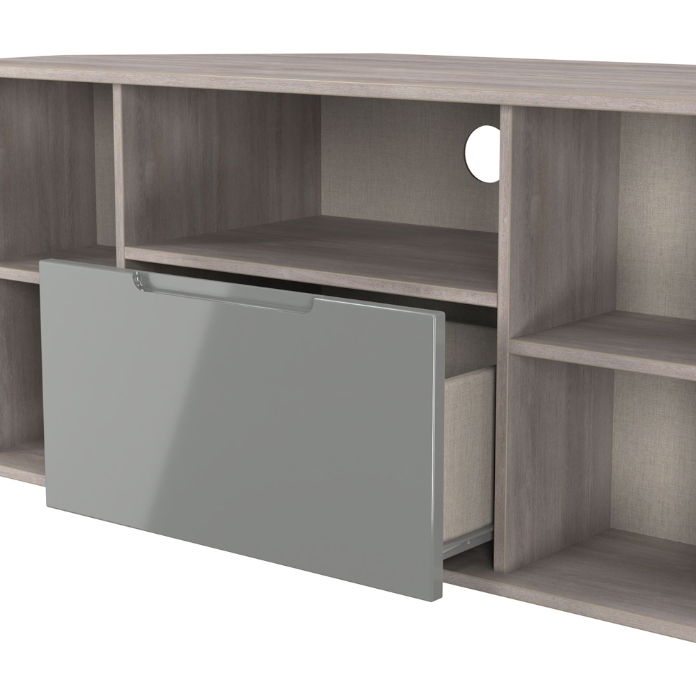 Crowndale Milan Single Drawer 5 Shelf Grey Gloss and Grey Oak Corner TV Unit Ready Assembled Image 5
