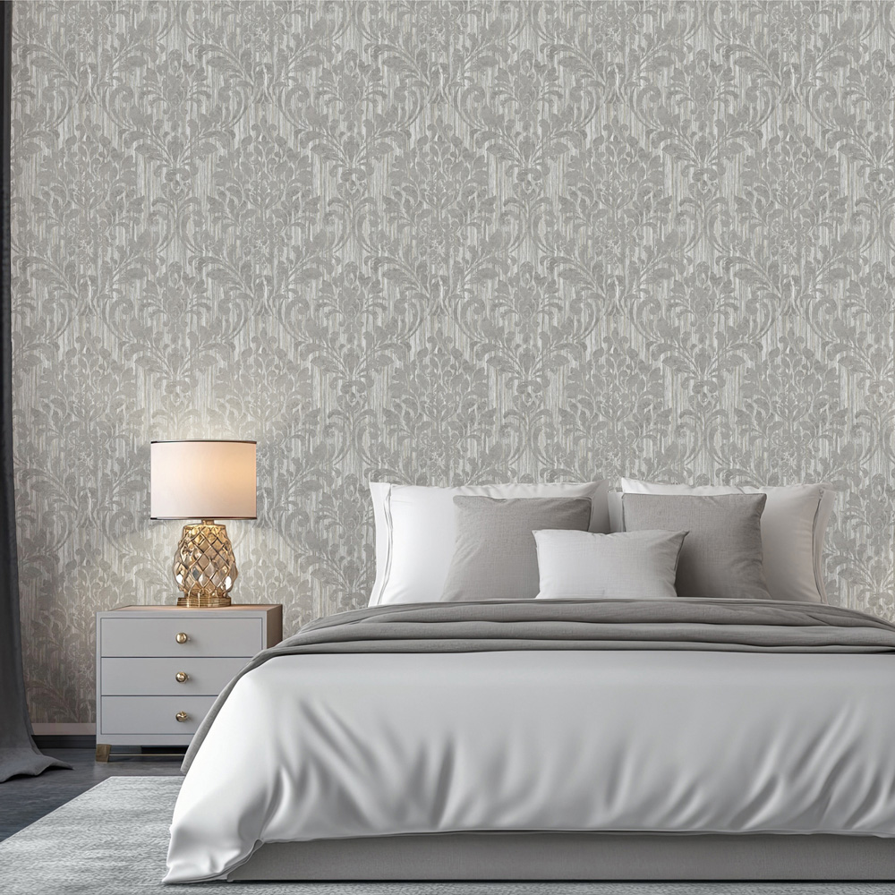 Muriva Theon Ornate Scroll Damask Grey Wallpaper Image 5
