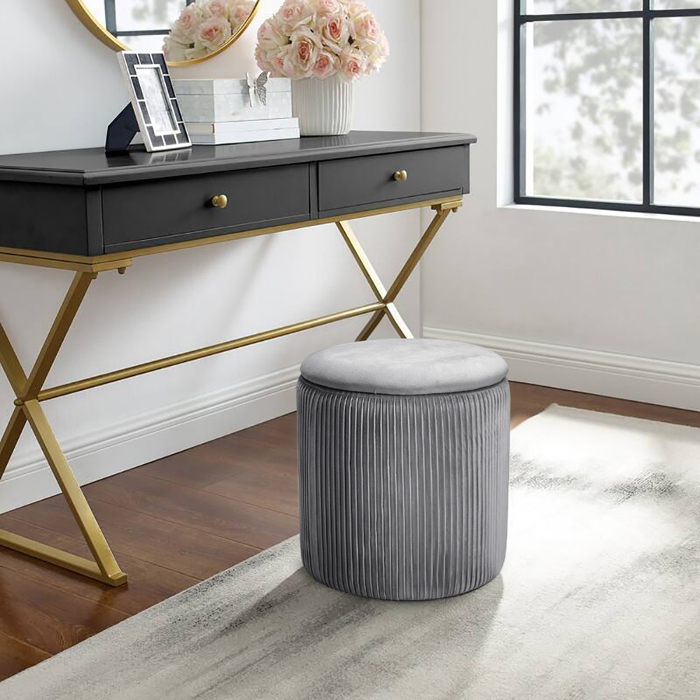 Living and Home Grey Round Pleated Storage Ottoman Image 7