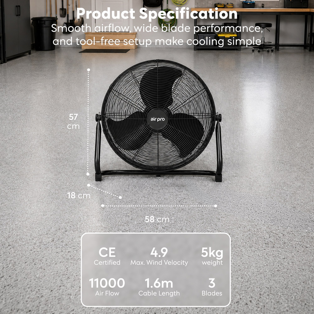 Air Pro Black 3 Speed Powerful Air Cooling and Circulating Floor Fan 20 inch Image 9