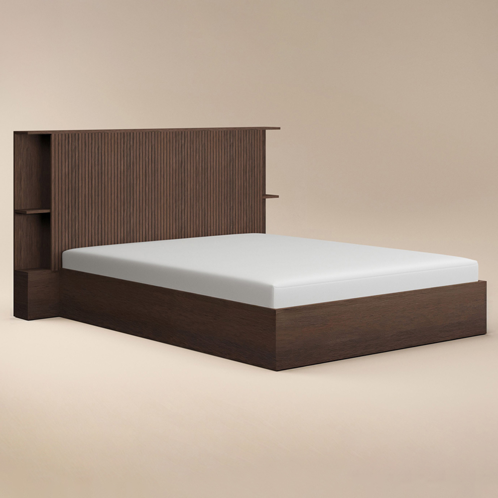 SOLACE+CO Zora Double Walnut Lift-Up Ottoman Bed with Headboard Shelf Image 2