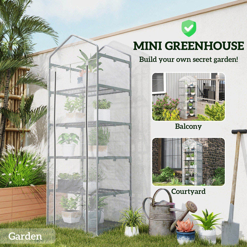 Outsunny White and Grey 5 Shelf PE Cover 2.2 x 1.6ft Mini Greenhouse with Roll Up Door Image 6