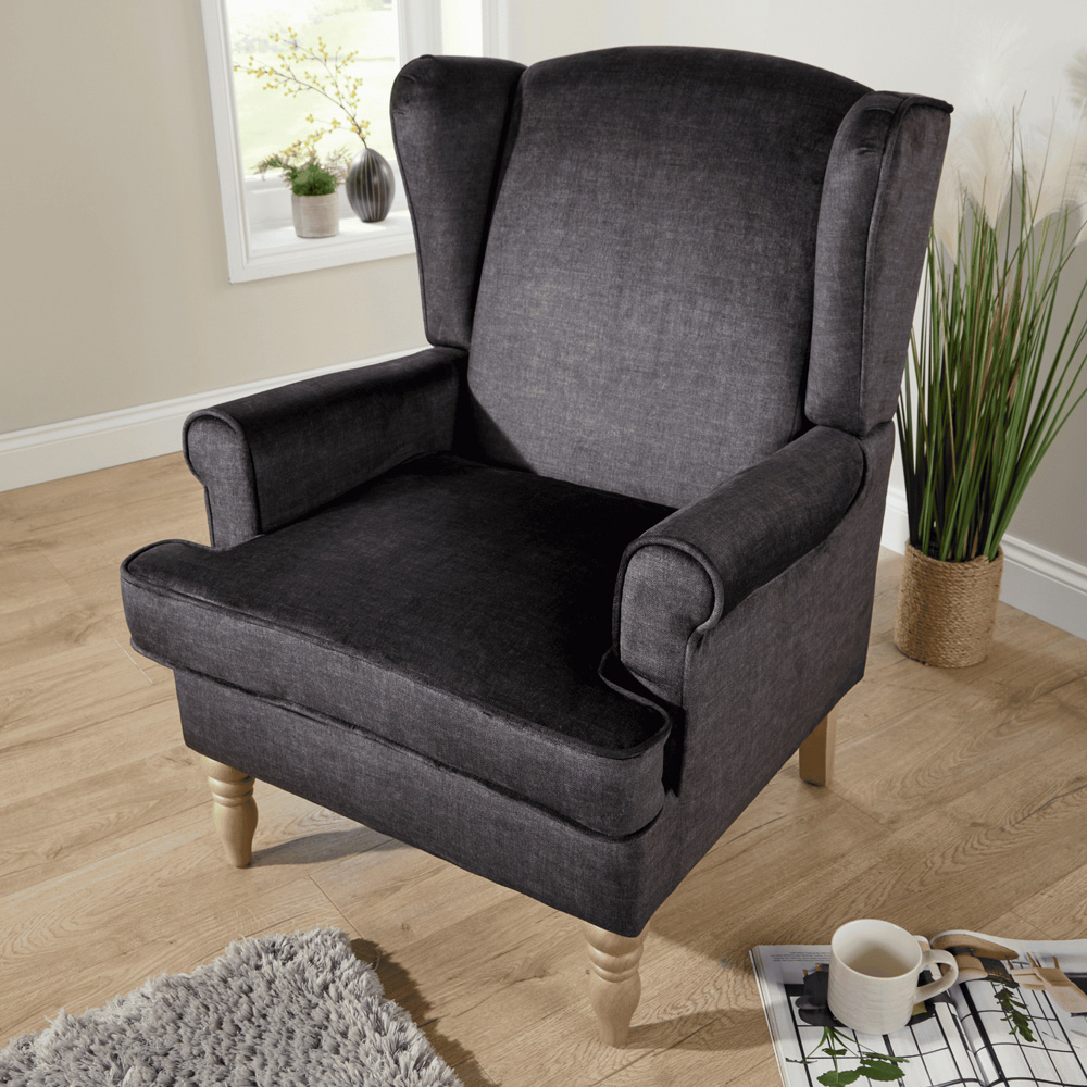 Home Source Helena Charcoal Wingback Armchair with Wooden Legs Image 8