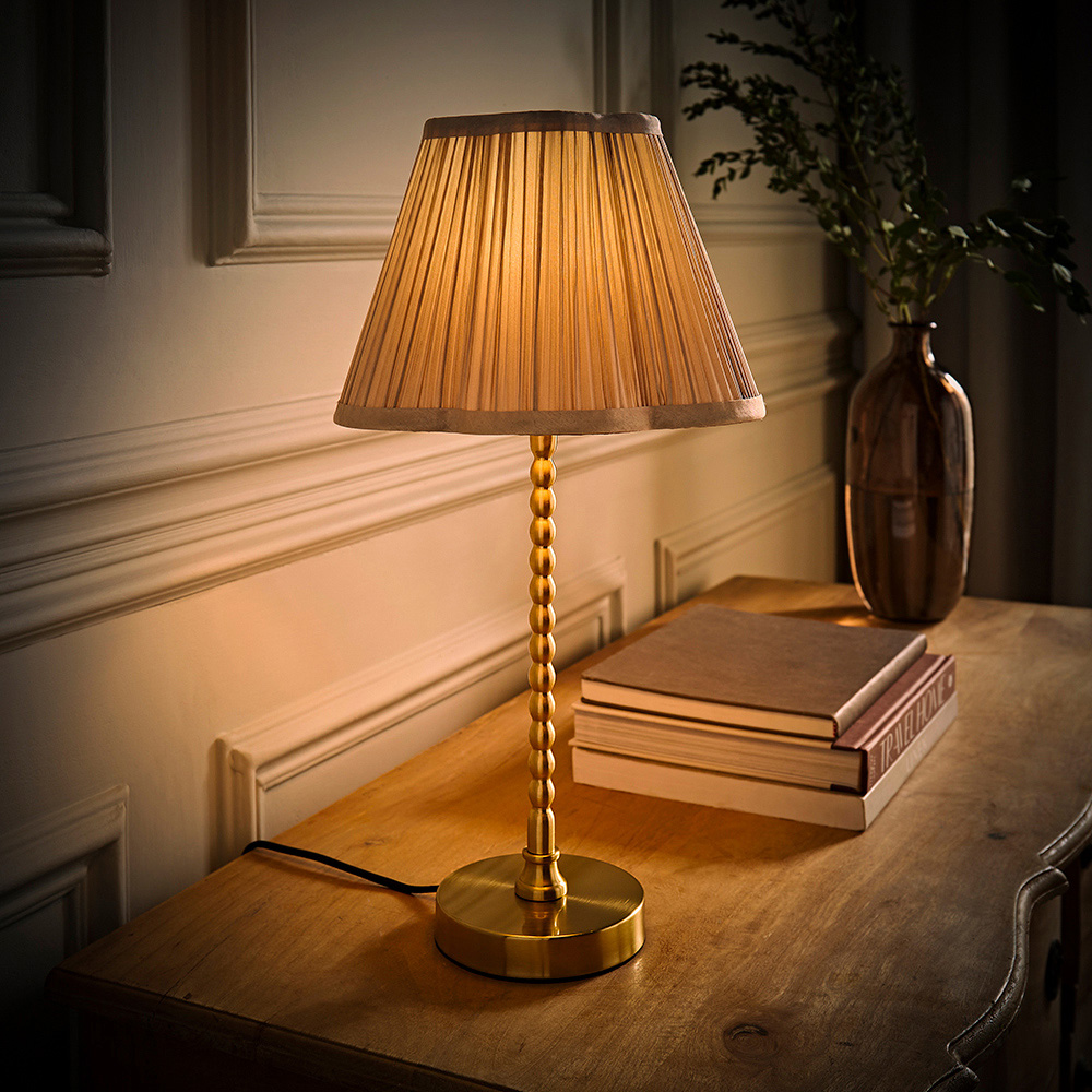 ValueLights Maeve Light Grey Pleat Faux Silk Scallop Shade Gold Bobbin LED Table Lamp Image 2
