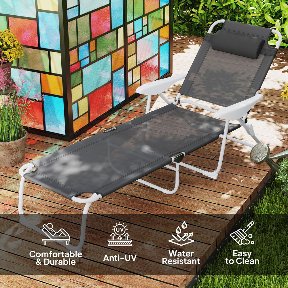 Outsunny Charcoal Grey 4 Level Adjustable Folding Sun Lounger with Headrest Image 8
