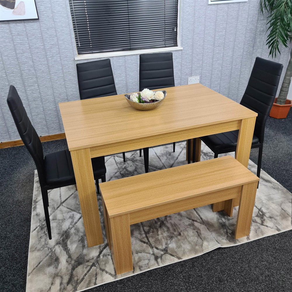 Portland 6 Seater Square Leather Dining Table Set Oak Effect and Black Image 3