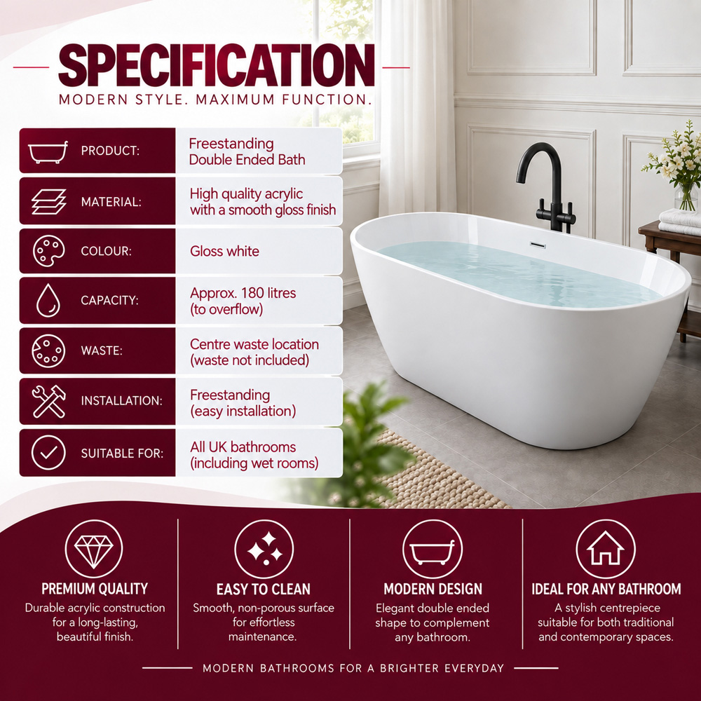 Go Bathrooms Gloss White Double Ended Round Freestanding Bath 1700 x 750mm Image 6