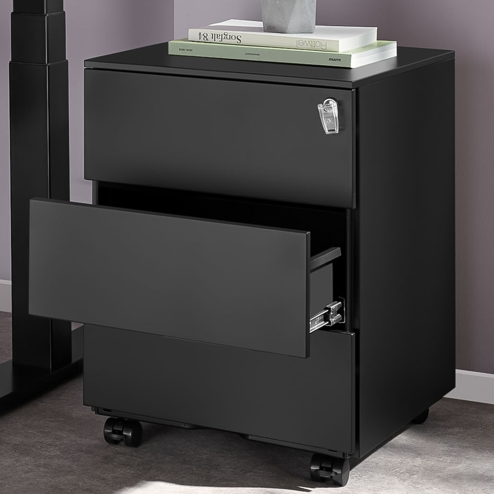 tectake Magna 3 Drawers Black Lockable Chest of Drawers Image 1