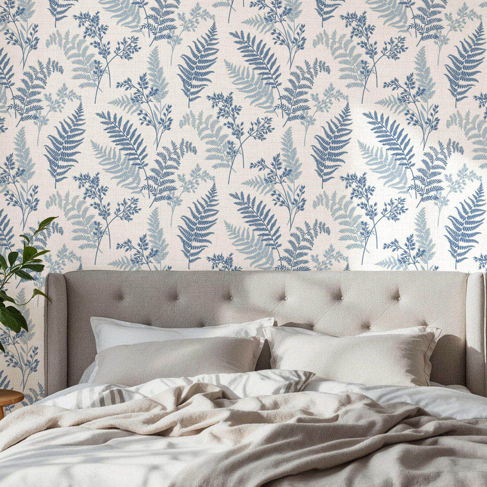 Fine Décor Fern Textured Linen Fabric Effect Blue Wallpaper Image 4