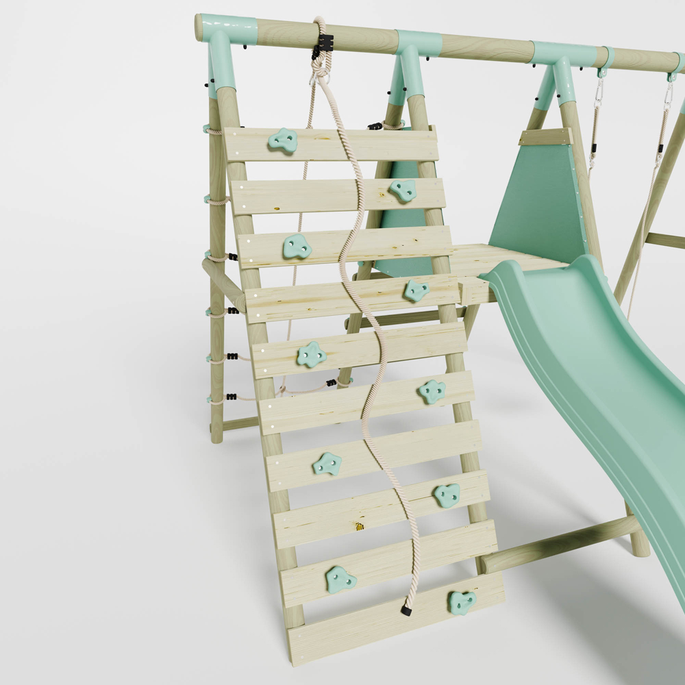 Mercia Wooden Round Pole Baby Seat Swing Set with Climbing Wall and Slide Image 6