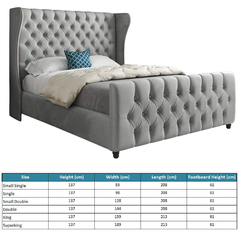 Donati Grey Small Single Velvet Upholstered Bed Frame with Straight Curved Top Headboard Image 7