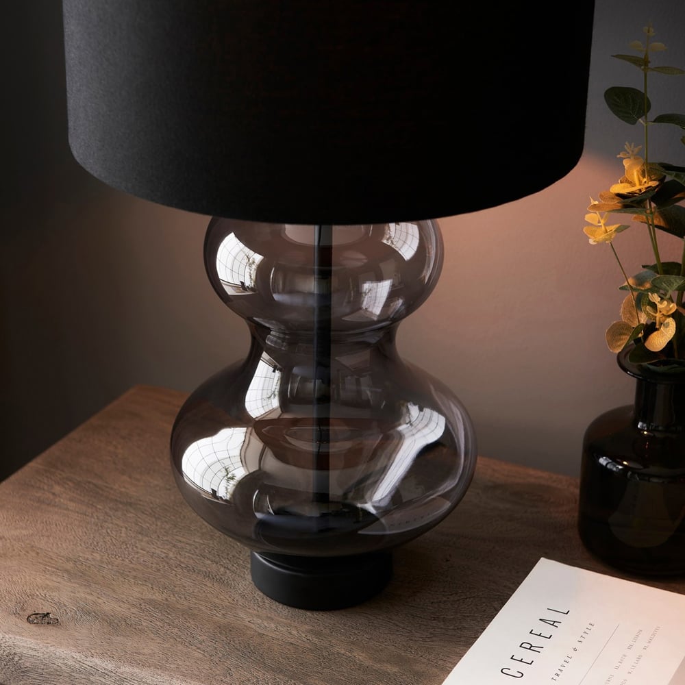 Merano Lecce Matt Black Grey Tinted Glass Black Cotton Fabric Shade Table Lamp Image 4