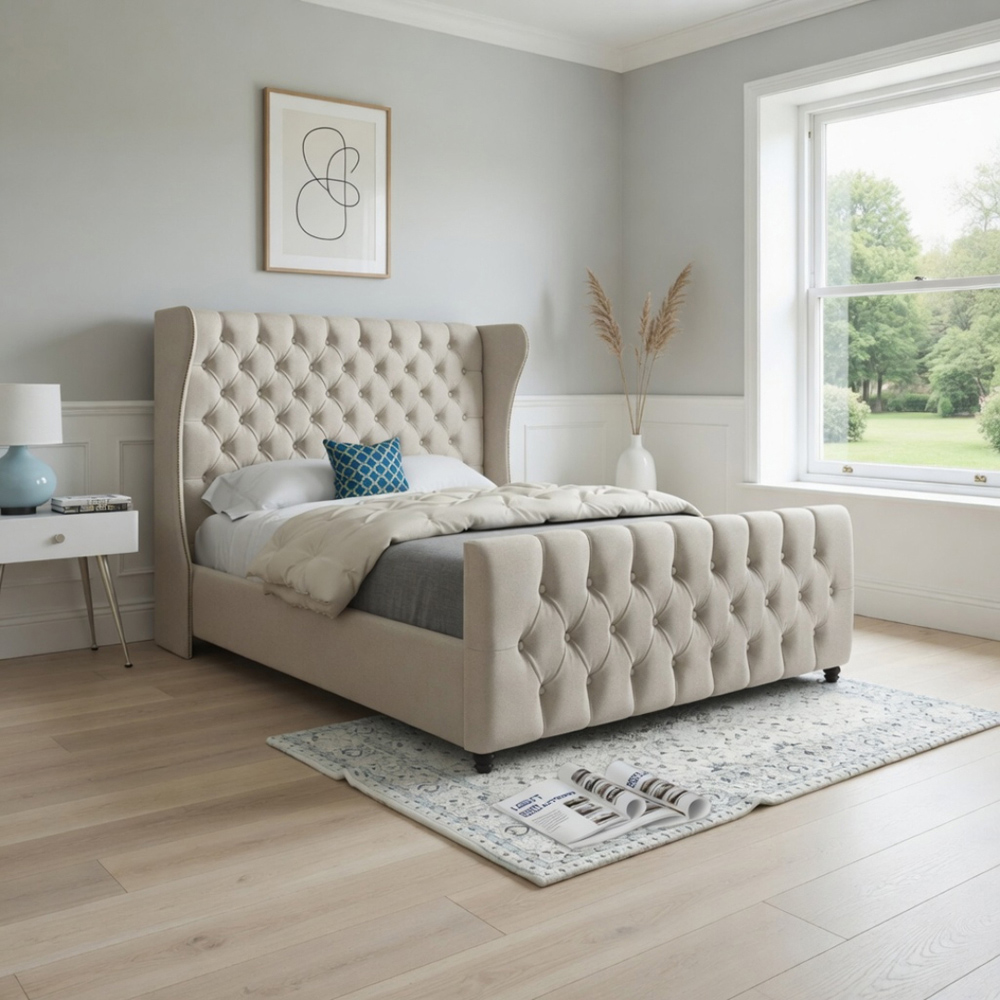 Donati Silver Small Double Velvet Upholstered Bed Frame with Straight Curved Top Headboard Image 5