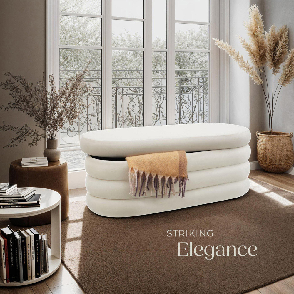 tectake Altu Cream White Velvet Padded Bench with Storage Image 7