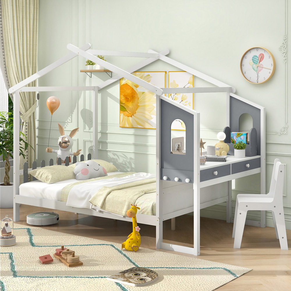 Costway Double Montessori Wooden House Bed Frame Image 3