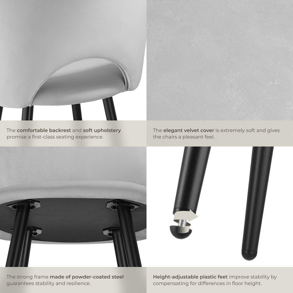 tectake Rachel Light Grey and Black Velvet Look Bar Stool Set of 2 Image 5