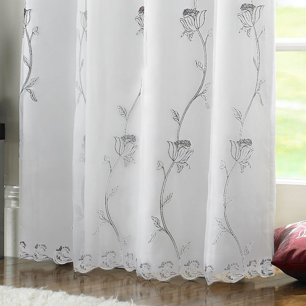 Alan Symonds Tahiti Silver and White Floral Lined Ring Top Eyelet Voile Curtains 142 x 183cm Image 3