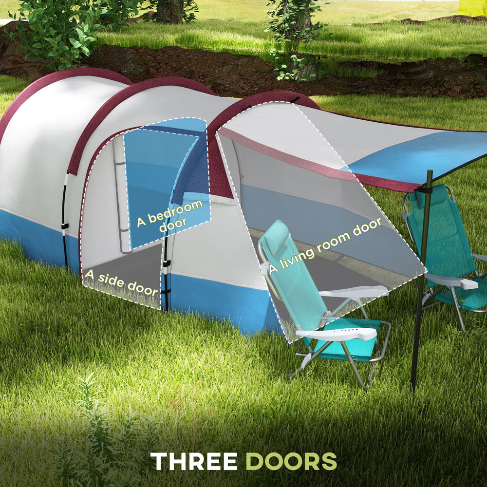 Outsunny 2-3 Person Tunnel Camping Tent with Bedroom and Living Room Red and Blue Image 6