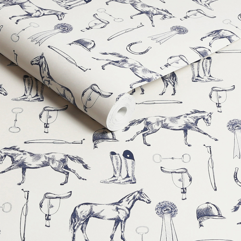 Joules Sketched Equestrian Print Cream and Blue Wallpaper Image 2
