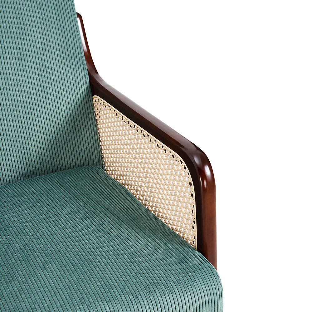 Living and Home Green Corduroy Armchair with Rattan Armrest Image 5