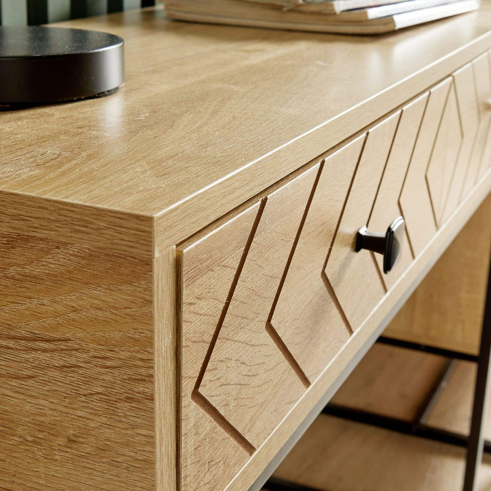 Home Source 2 Drawer Oak Effect Aztec Design Console Table with Metal Legs Image 3