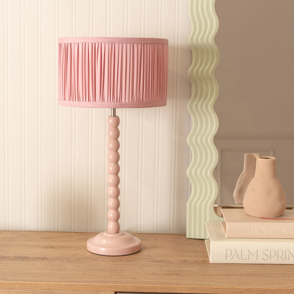 ValueLights Bobbins Ruched Pleated Blush Pink Drum Shade Painted Rose LED Table Lamp Image 3