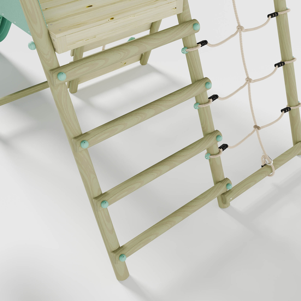 Mercia Wooden Round Pole Single Swing and Baby Seat Swing Set with Climbing Wall and Slide Image 8