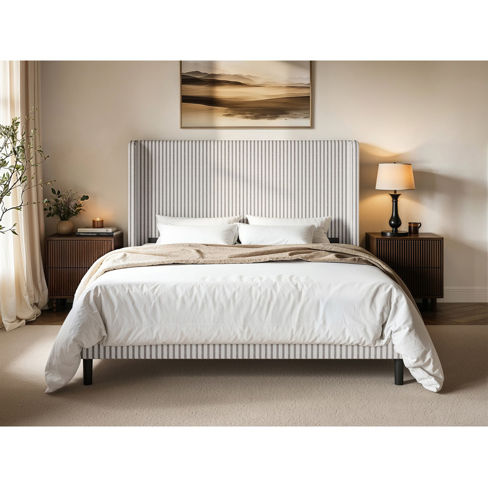 SOLACE+CO Jovanna Cream and Brown King Size Striped Woven Fabric Bed with Winged Headboard Image 5