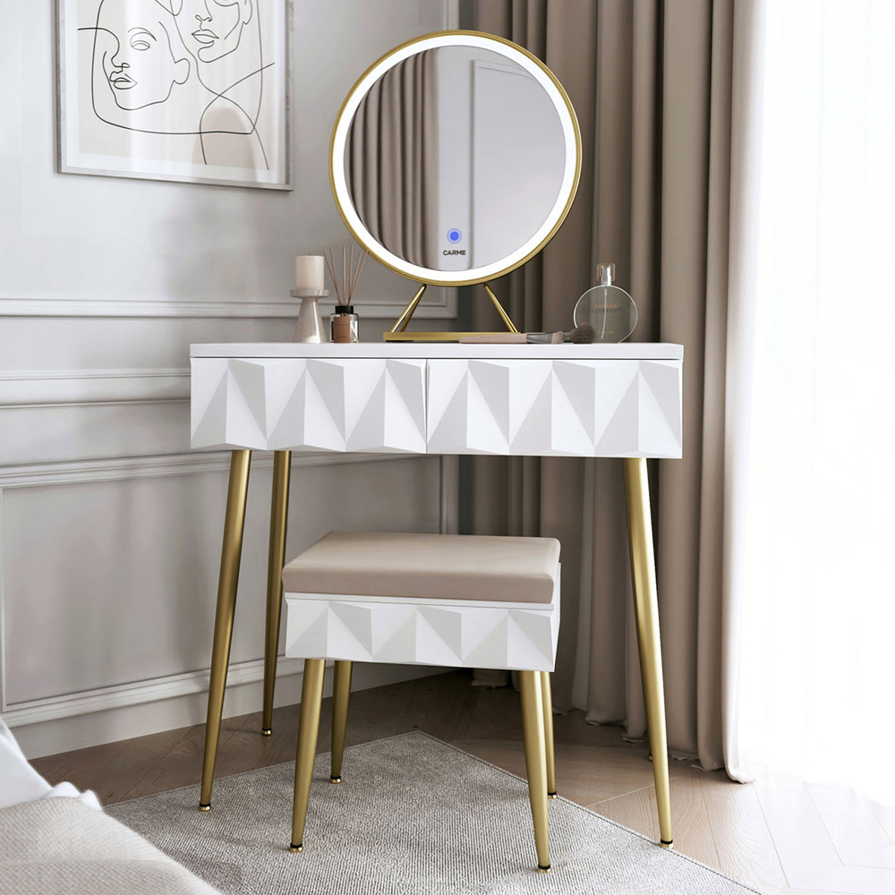 CARME Home Montana 2 Drawer White and Gold Dressing Table Set with LED Mirror Image 6