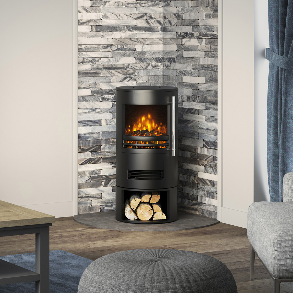 Be Modern Tunstall Black Freestanding Cylinder Electric Stove with Log Store 2kW Image 2