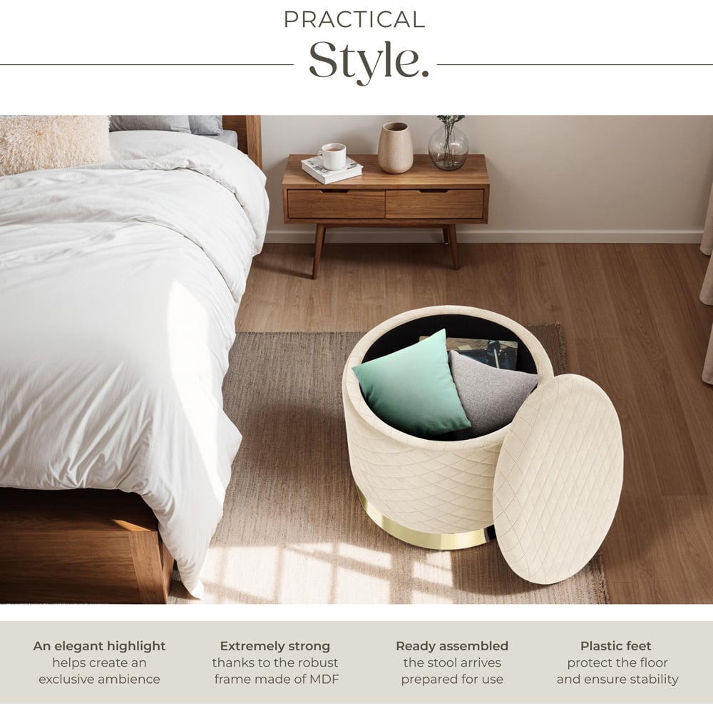 tectake Coco Cream Velvet Look Quilted Padded Round Stool with Storage Image 3