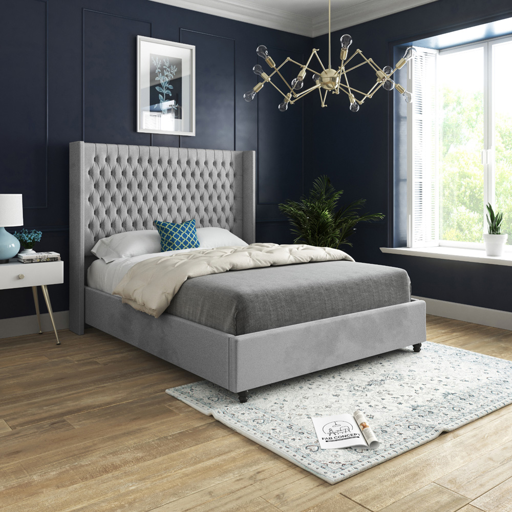 Volta Double Grey Soft Velvet Upholstered Bed Frame with Straight Winged Headboard Image 5
