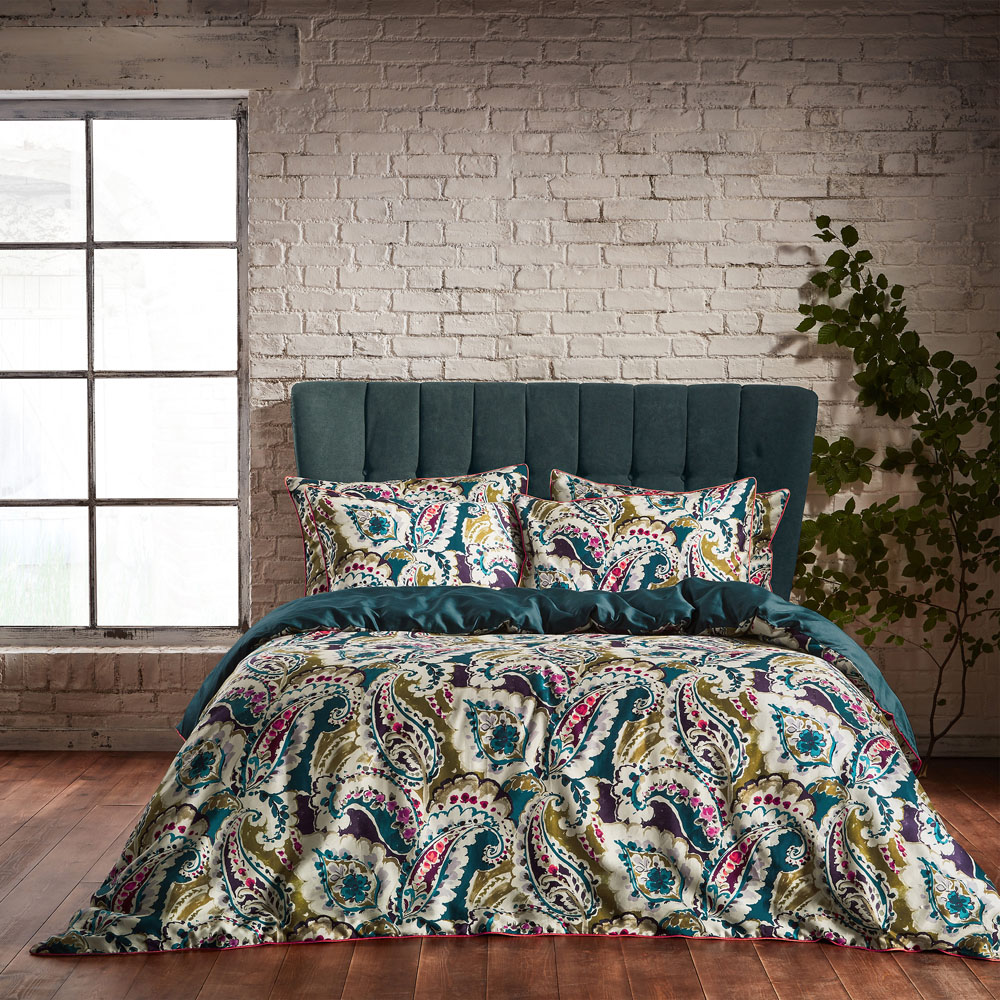 EW by Edinburgh Weavers Aretha Super King Size Teal and Olive Paisley Cotton Sateen Duvet Set Image 1