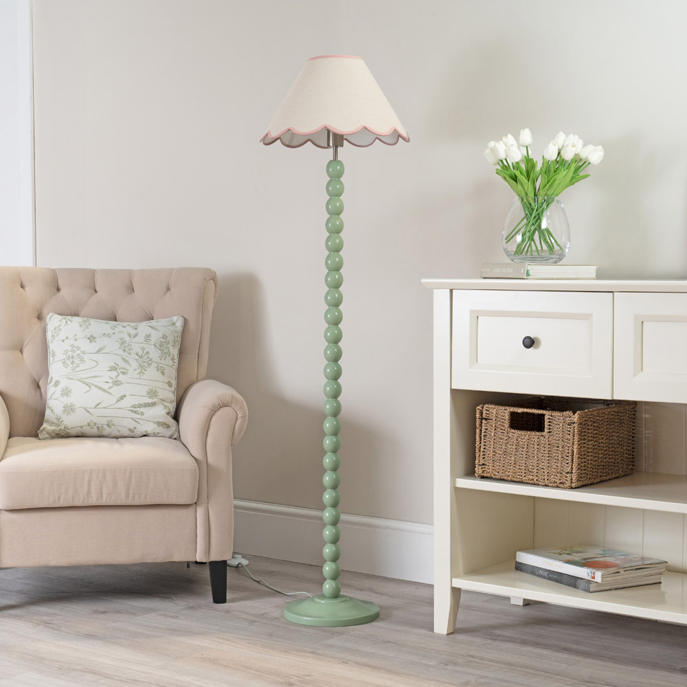 ValueLights Bobbins Natural and Pink Scallop Shade Sage Green LED Floor Lamp Image 5