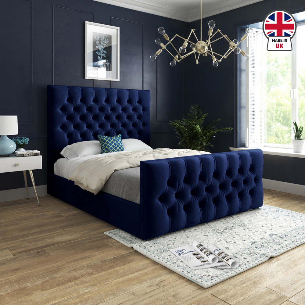 Novara Blue Double Velvet Upholstered Bed Frame with Pleated Chesterfield Headboard Image 6