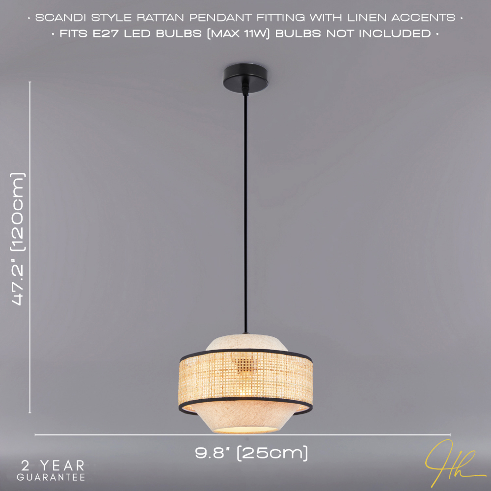 Happy Homewares Natural Linen and Woven Rattan Pendant Ceiling Light Image 7