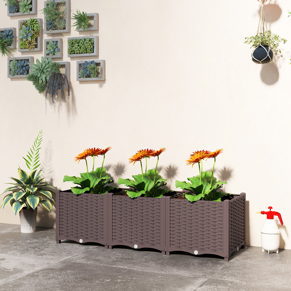 Outsunny Brown Plastic Self Watering Raised Garden Bed with Drainage Holes 37 x 40 x 120cm Image 4