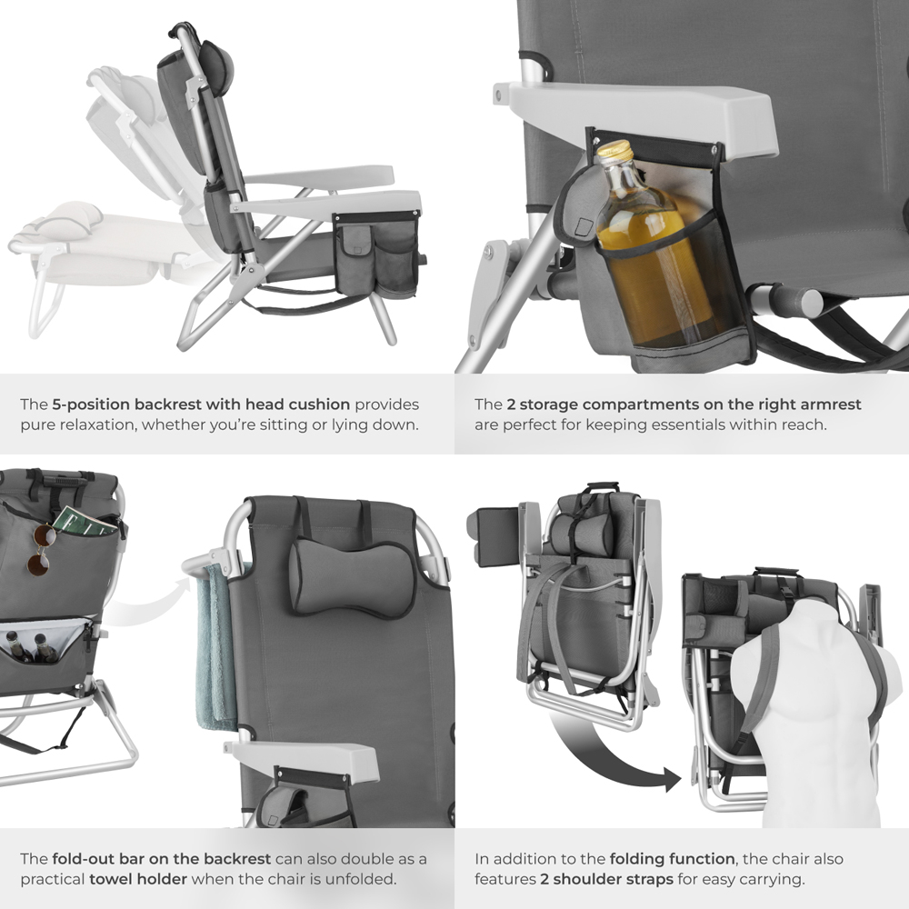 tectake Coral Set of 2 Grey Foldable Beach Chair with Backpack Image 5