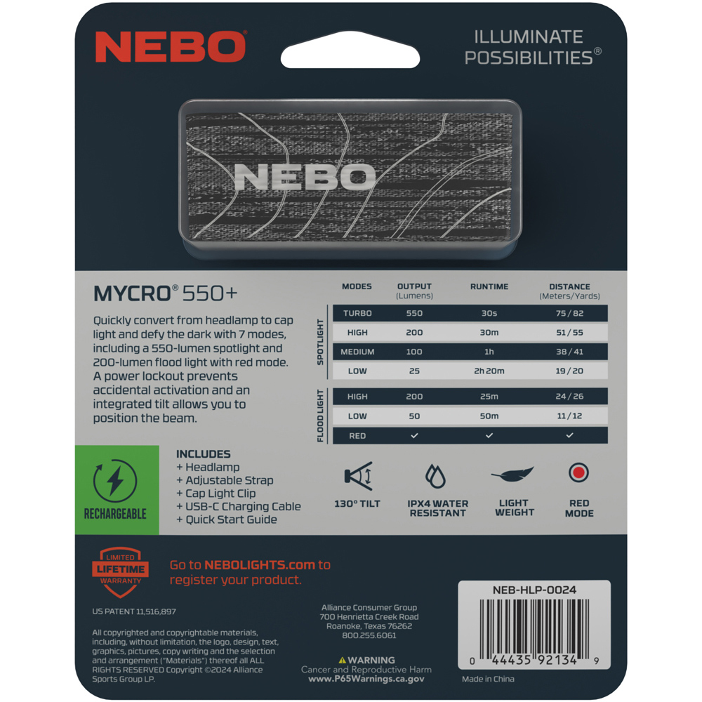 Nebo Mycro 550+ 2-in-1 550 Lumens Grey Rechargeable Detachable Headlamp and Cap Light Image 3