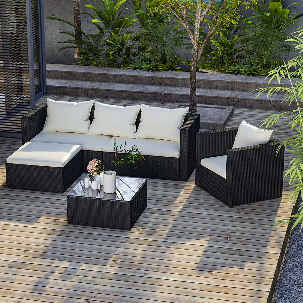 Rattrix 5 Seater Black Rattan Modular Garden Corner Sofa Set with Cushion Image 2