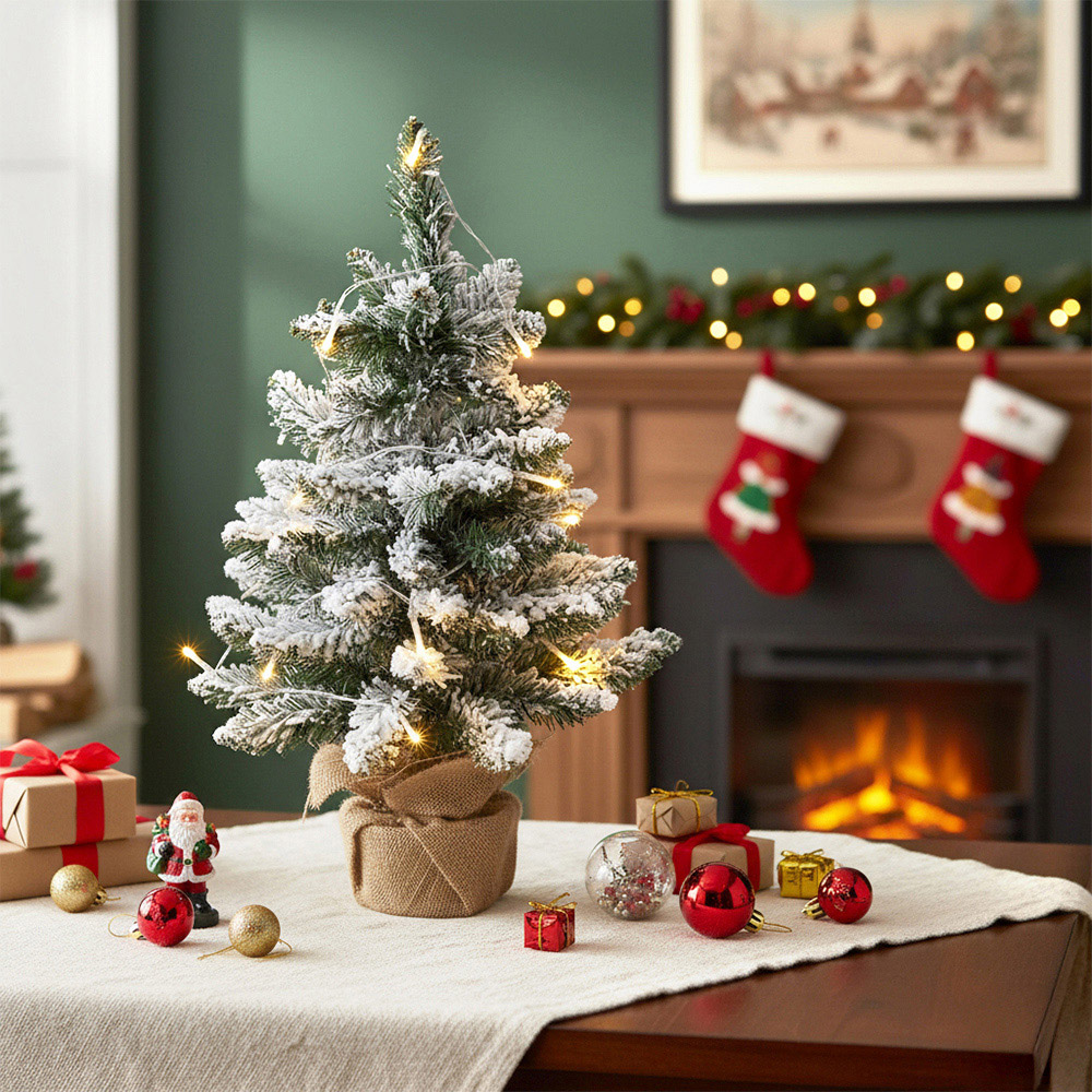 Living and Home Mini Frosted Artificial Christmas Tree with LED String Lights 1.8ft Image 2