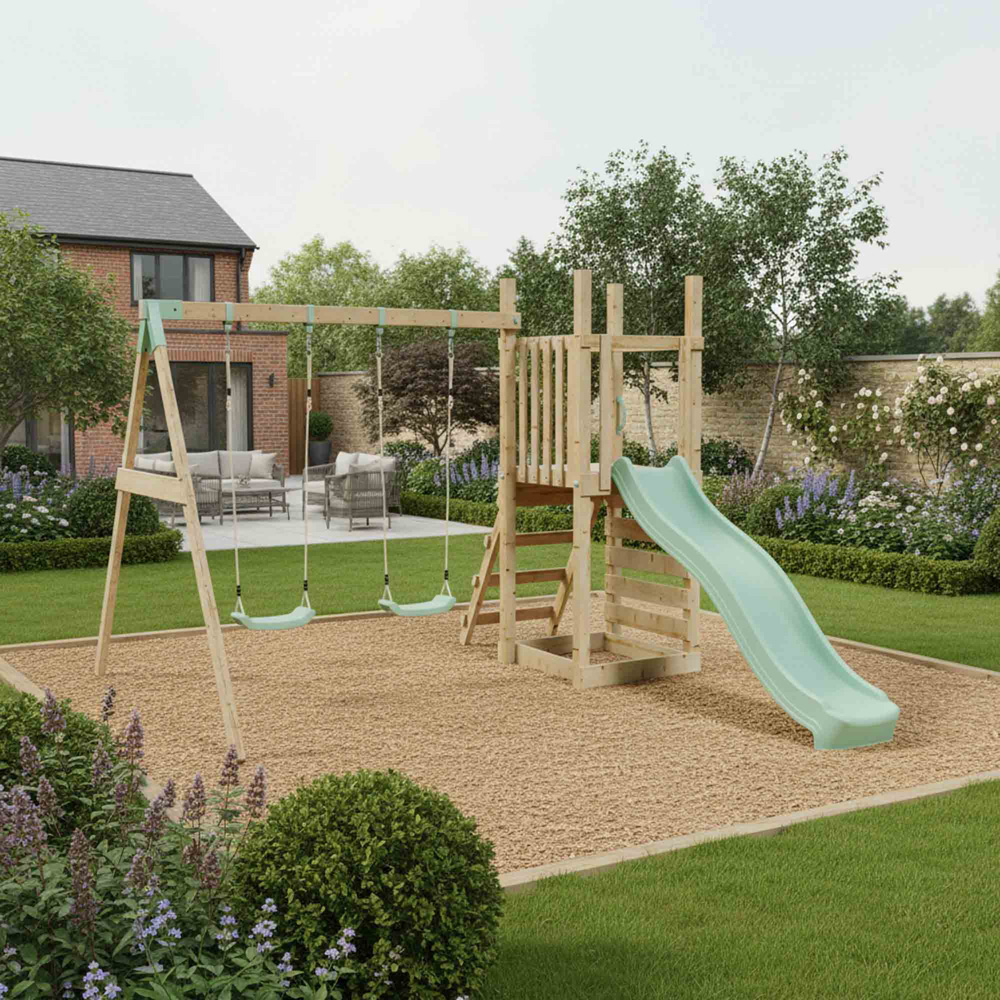 Mercia Mountain Climbing Frame Play Tower with Slide and Double Swing Image 2