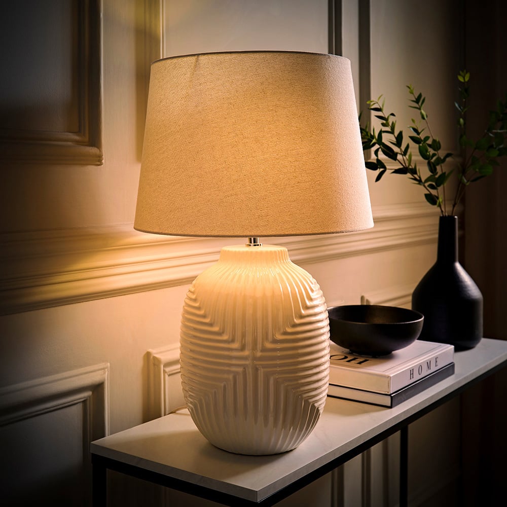 ValueLights Harrison Taper Shade White Geo Ribbed Pattern Gloss Large LED Table Lamp Image 2